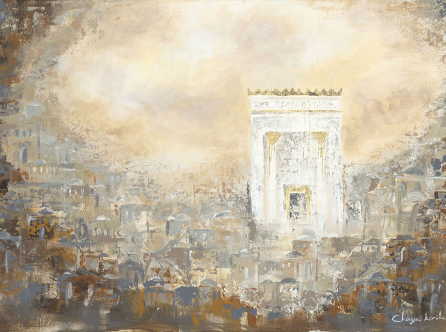 Painting of the Holy Temple rising above the Jerusalem skyline in cream, gold and soft blue tones, by Chaya Koritz