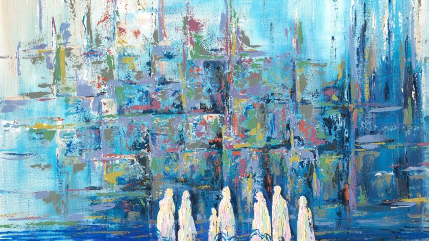 Worshippers in pale robes gathered before the Western Wall in deep blues and turquoise, painting by Chaya Koritz