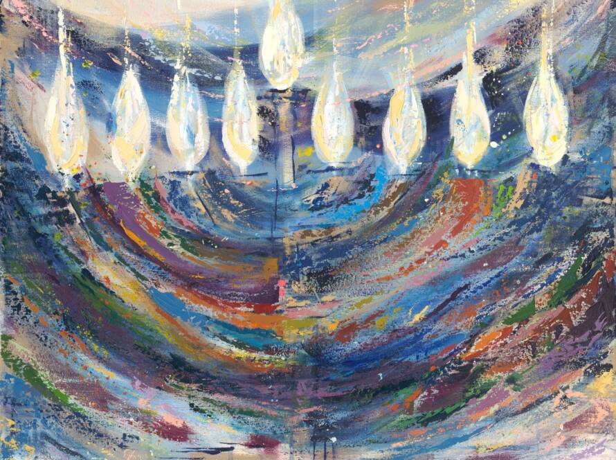 Abstract Hanukkah menorah painting with nine glowing flames above sweeping blue and gold brushstrokes by Chaya Koritz