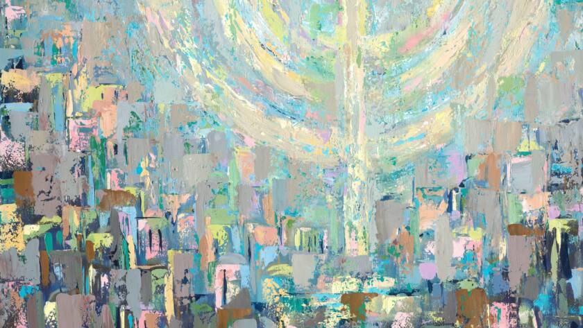 Pastel Jerusalem cityscape with a glowing menorah of light rising above the rooftops, painting by Chaya Koritz